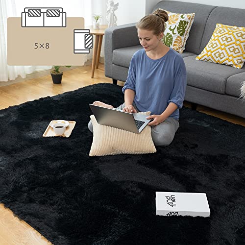 CHOSHOME Teppich Wohnzimmer Weich Schlafzimmer Teppich Schwarz Shaggy Flauschiger Teppich Anti-Rutsch Unterseite Teppiche Moderner Flur Teppich Hochflor Groß Teppiche 150x240cm von CHOSHOME