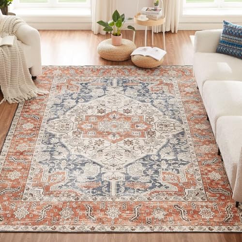 CHOSHOME Waschbarer Teppich Wohnzimmer 200x290CM Vintage Kurzflor Teppich Mit Orient Design Groß Weiche Teppich für Esszimmer Schlafzimmer rutschfest Teppich Kunstwolle Boho Outdoor Teppich Orange von CHOSHOME