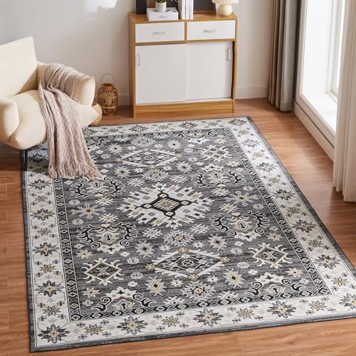 CHOSHOME Waschbarer Teppich Wohnzimmer 80x150CM Teppich Schlafzimmer Vintage Kurzflor Teppich Groß Weiche Teppich für Schlafzimmer rutschfest Teppich Flauschiger Teppich Grau von CHOSHOME