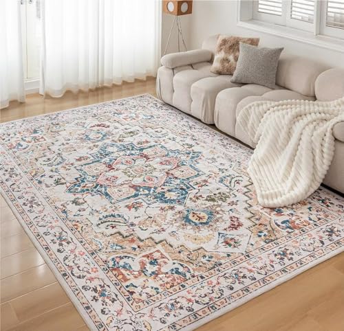 CHOSHOME Waschbarer Teppich Wohnzimmer Vintage Kurzflor Teppich Groß Orientalischer Teppich für Schlafzimmer rutschfest Teppich Kunstwolle Boho In & Outdoor Teppich 200x290CM Beige von CHOSHOME