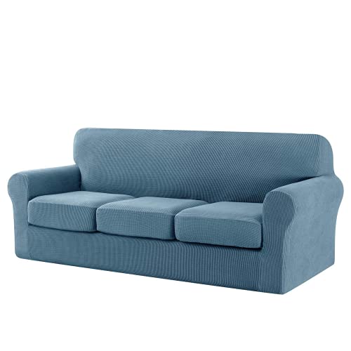 CHUN YI 4 Stück Sofabezug mit 3 separaten Sitzkissenbezügen, Sofabezug 3-Sitzer Couchbezug für Wohnzimmer für Haustier, Jacquard Spandex Fabic Sofa Schonbezug (Himmelblau) von CHUN YI