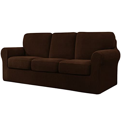 CHUN YI 7-teiliger Stretch-Sofabezug, 3-Sitzer, mit DREI separaten Kissen und Rückenlehnen, stilvoller Jacquard-Spandex-Stoff, Sofabezug für Wohnzimmermöbelschutz (3-Sitzer, Schokolade) von CHUN YI