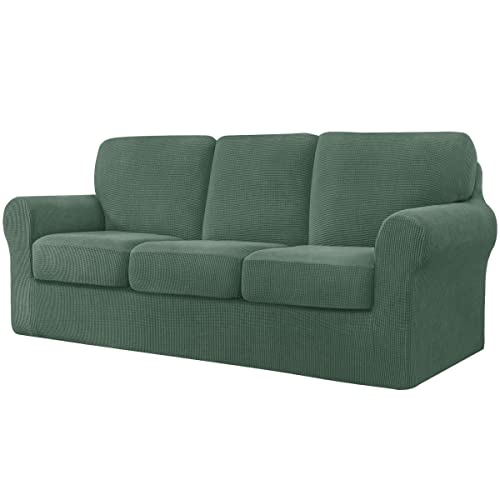 CHUN YI 7-teiliger Stretch-Sofabezug, 3-Sitzer, mit DREI separaten Kissen und Rückenlehnen, stilvoller Jacquard-Spandex-Stoff, Sofabezug für Wohnzimmermöbelschutz (3-Sitzer, dunkelblau) von CHUN YI