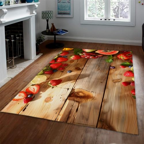 CIHCOHOME Holzplankenmuster Bereich Teppich Wohnzimmer Teppiche Obst Weicher Bauernhausteppich Erdbeere Innenteppich für Schlafzimmer unter Esstisch Dekor 100x150cm von CIHCOHOME