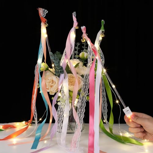 Wedding Wands mit LED Warmweiße Glowstick,24 Stück Leuchtstäbe Set für Hochzeitsdeko Zauberstäbe Hochzeitsbändern Seidenfeenstab Luftschlangen mit Glocke fur Hochzeiten Geburtstage Weihnachten (bunt) von CISSIYOG