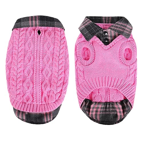 CITÉTOILE Warme Hundepullover, Rollkragen-Strick-Hundepullover mit Karomuster, Welpenkleidung mit Leinenlöchern für Herbst Winter, Warme Mantel Kleidung für Kleine Mittlere Große Haustiere, Rosa,XL von CITÉTOILE