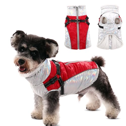 CITÉTOILE Warmer Hundemantel mit Geschirr, Wasser & Winddichte Reflektierender Winter-Hundebekleidung für Kaltes Wetter, Hundejacke mit Reißverschluss und Stehkragen für Kleine Hunde, Rot, L von CITÉTOILE