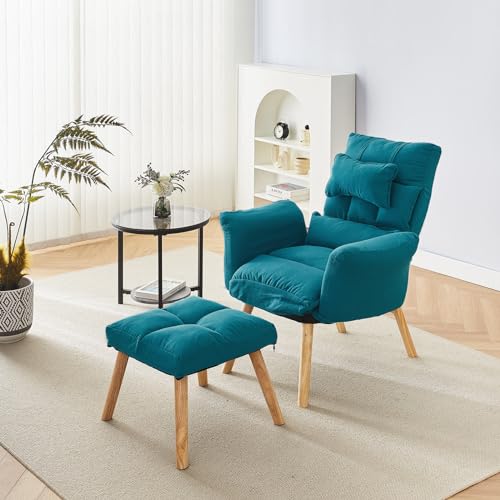 CLIPOP Relaxsessel mit Hocker Verstellbarer Lesesessel mit 6 Positionen Extra Dick Gepolsterter Lehnstühle Liegesessel Fernsehsessel Ohrensessel mit Liegefunktion (Blau) von CLIPOP