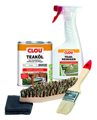 Clou Teakholz Pflegeset: 750 ml Teaköl, 500 ml Holzreiniger, Bürste, Pinsel & Schleifpad, Holzpflege für Aussenbereich von CLOU