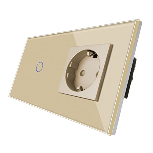 CNBINGO Dimmschalter mit Schuko Steckdose unterputz - Dimmer Schalter für LED-Leuchten - Touch Lichtschalter einfach in Gold - Wandschalter mit Glasrahmen und Status-LED von CNBINGO