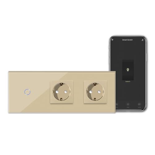 CNBINGO Smart Touchschalter mit Doppel Schuko Steckdose unterputz mit Glasrahmen, WLAN Lichtschalter Arbeit mit Alexa, Google Assistant, Wandschalter einfach in Gold, Neutralleiter Wird Benötigt von CNBINGO