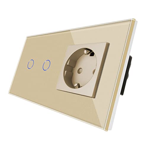 CNBINGO Touch Lichtschalter mit Schuko Steckdose unterputz - Wandschalter zweifach in Gold - Berührungsschalter mit Glasrahmen und Status-LED - 500W/Fach von CNBINGO