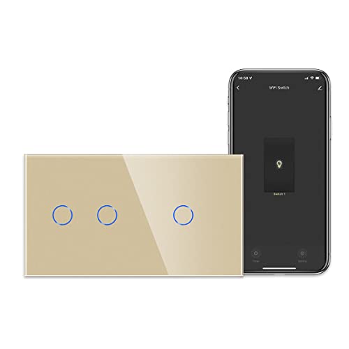 CNBINGO Smart Touch Lichtschalter Arbeiten mit Alexa, Google Assistant - Doppelt Wandschalter unterputz in Gold - WLAN Schalter einfach und zweifach - mit Glas Panel - Neutralleiter Wird Benötigt von CNBINGO