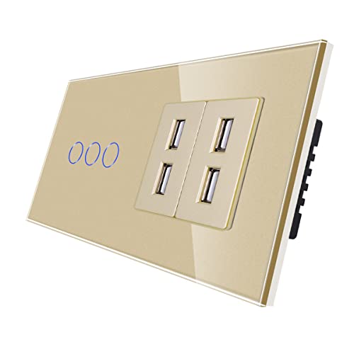 CNBINGO Touch Lichtschalter mit 4 USB -Anschlüsse 2.4 Amp - Berührungsschalter dreifach mit Glasrahmen und Status-LED - Wandschalter unterputz in Gold - 500 W/Fach von CNBINGO