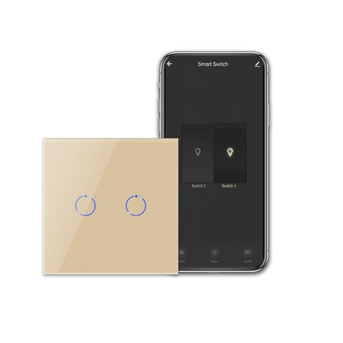 CNBINGO Smart Touch Lichtschalter Arbeiten mit Alexa, Google Assistant - WLAN Schalter unterputz - mit Glas Panel und Status-LED - Wandschalter zweifach in Gold - Ohne Neutralleiter von CNBINGO