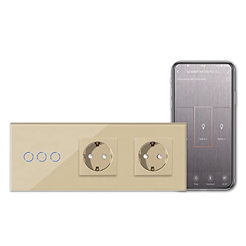 CNBINGO Smart Touch Lichtschalter mit Doppel Schuko Steckdose unterputz - WLAN Schalter Arbeit mit Alexa, Google Assistant - Wandschalter dreifach in Gold - Ohne Neutralleiter von CNBINGO