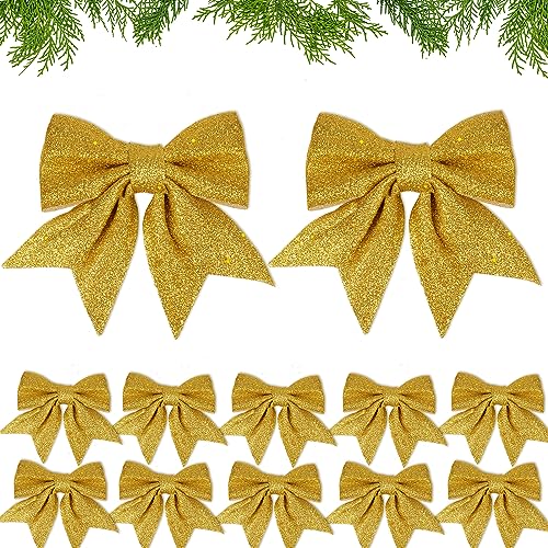 12 Stück 12x15cm Weihnachtsschleifen Gold Weihnachten Schleifen Glitzer Weihnachtsbaumschmuck Deko für Weihnachtsbaum Weihnachtskranz Tannenbaum Weihnachtsbaumschleifen (Gold) von COLOFALLA