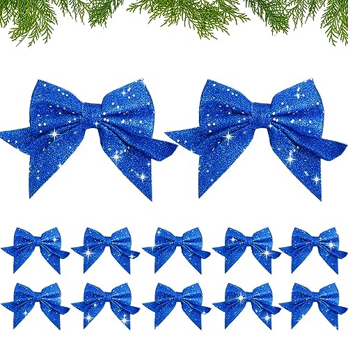 12 Stück 12x15cm Weihnachtsschleifen Weihnachten Blau Schleifen Glitzer Weihnachtsbaumschmuck Deko für Weihnachtsbaum Weihnachtskranz Tannenbaum Weihnachtsbaumschleifen (Blau) von COLOFALLA