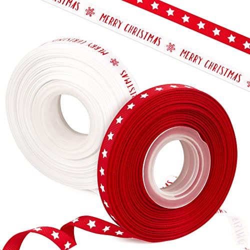 COLOFALLA 2 Rolle x 18.2M x 10mm Weihnachten Geschenkband Weihnachtsbänder Schleifenband Merry Christmas Sterne Weihnachten Dekoband Bänder zum DIY Basteln für Geschenke Party Dekoration Rot Weiß von COLOFALLA