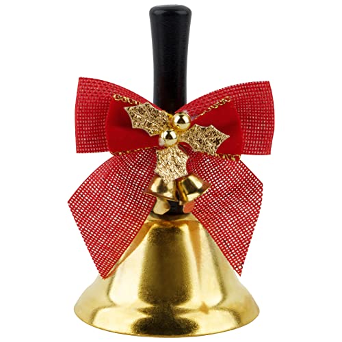 Gold Weihnachtsglocke mit Schleife Handklingel Nikolausglocke Handglocke Weihnachten Tischklingel Weihnachtsdeko 12cm groß Holzgriff (Gold) von COLOFALLA