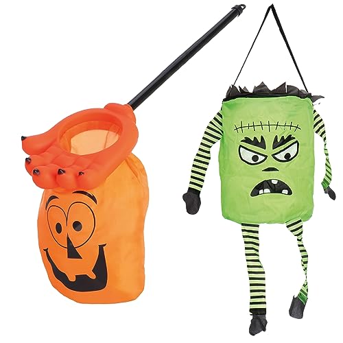 com-four® 2X Halloween Tasche mit Griff - Monster-Hand mit Beutel und Motiv - Zombie-Taschen zum Sammeln von Süßigkeiten - Halloween-Dekoration (2 Stück - grün/orange) von com-four