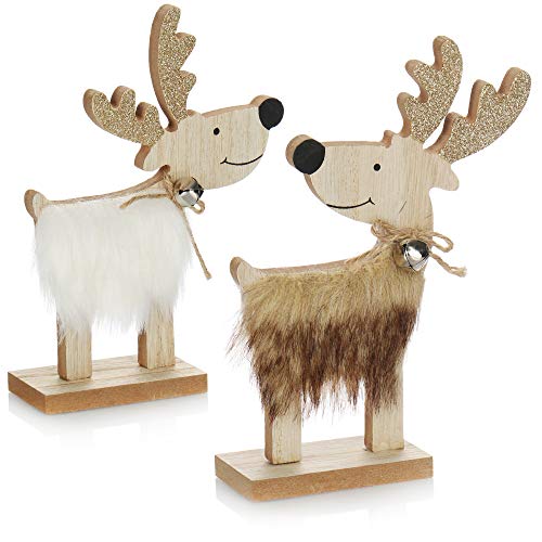 com-four® 2X dekorativer Aufsteller für Weihnachten - Rentier aus Holz mit Kunstfell und Glöckchen - Rentierfigur als Weihnachtsdeko [Auswahl variiert] (02 Stück Rentier 17cm braun weiß) von com-four