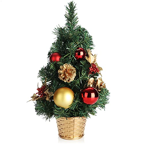 com-four® Künstlicher Weihnachtsbaum mit Christbaumkugeln - Geschmückter Tannenbaum für die Weihnachtsdekoration - Christbaum für die Deko zu Weihnachten (01 Stück - 40cm - grün/rot/goldfarben) von com-four