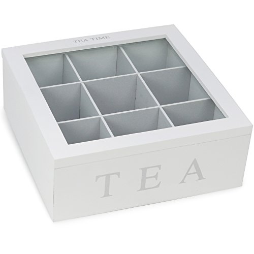 com-four® Teebox mit 9 Fächern - Teebeutel Aufbewahrungsbox aus Holz - Teebeutelbox mit Sichtfenster - Teekiste - Teeaufbewahrung (01 Stück - 22x22x8.5cm weiß) von com-four