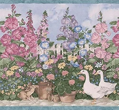 CONCORD WALLCOVERINGS ™ Tapete Bordüre Garten Muster Blumen Enten für Cottage Bauernhaus Küche Grün Blau Weiß Rosa 4,5 m x 17,8 cm DesSMB5236 von CONCORD WALLCOVERINGS ™