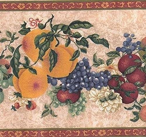 Concord 74295L Tapetenbordüre Früchte Muster Pfirsiche Trauben Äpfel Blumen für Küche Rot Rosa Orange Beige Grün Gelb 22,9 cm x 4,5 m von CONCORD WALLCOVERINGS ™