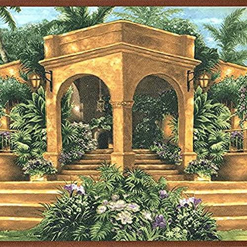 Concord Wallcoverings Tapete, Bordüre, mediterranes Vintage-Muster, Villa Treppenbogen, Garten für Wohnzimmer, Grün, Blau, Lila, Hellbraun, Gold, 22,9 cm x 4,5 m, SP76473LL von CONCORD WALLCOVERINGS ™