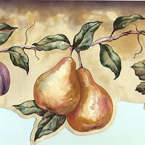 Concord Wallcoverings Tapetenbordüre, Küchenmuster, Obstblätter, für Essbereich, Landhaus, cremefarben, rot, grün, braun, lila, rosa, 19,1 cm x 4,5 m, LA15015DB von CONCORD WALLCOVERINGS ™