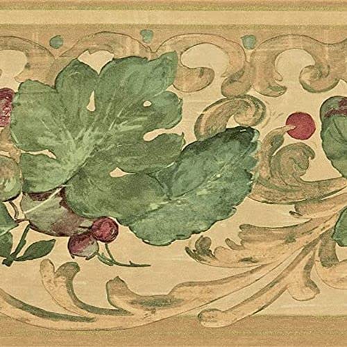 Concord Wallcoverings Tapetenbordüre Vintage Rankenmuster Blätter Beeren für Küche Bauernhaus Landhaus, Farben Grün Hellbraun Gold Dunkelrot, Größe 17,8 cm x 4,5 m FFB2581 von CONCORD WALLCOVERINGS ™