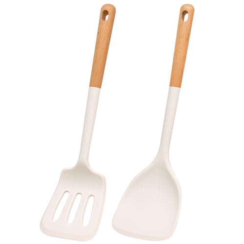 Küchenhelfer Set Silikon, 2-teiliges Silikon Küchenhelfer Kochbesteck Set, Hitzebeständiger Küchenhelfer Set mit Utensilienhalter, Gesund & Antihaft Küchenutensilien Set (weiß) von COOKSTYLE