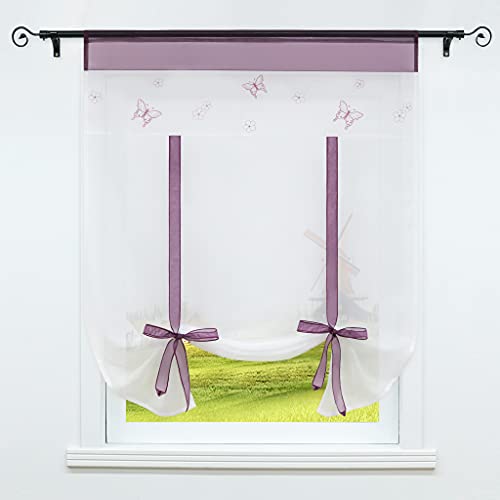 CORLIF Raffrollo Küche Raffgardine mit Tunnelzug Bändchenrollo Transparent Voile Vorhang mit Schmetterling Bestickt Violett BxH 100x140cm 1 Stück von CORLIF