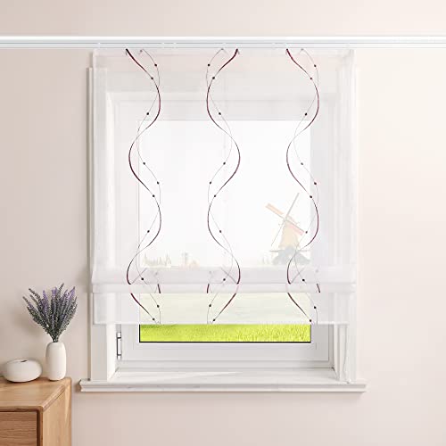 CORLIF Raffrollo Landhaus Raffgardine Küche Modern Bändchenrollo Leinenoptik mit Wellenmuster Transparente Rollos Kurz Fenster Schal mit Klettband B/H 120/140 cm Violett von CORLIF