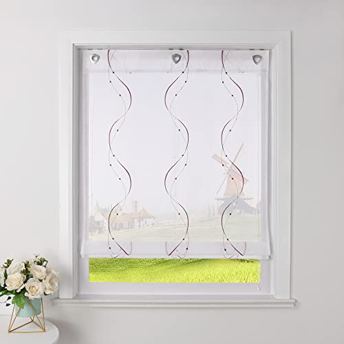 CORLIF Raffrollo Landhaus Raffgardine Küche Modern Ösenrollo Leinenoptik mit Wellenmuster Transparente Rollos Kurz Fenster Schal mit Ösen B/H 100/140 cm Violett von CORLIF