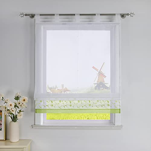 CORLIF Raffrollo mit Blumenmuster Bestickte Raffgardine Küche Modern Schlaufenrollo Leinenoptik Transparente Rollo Kurz Fenster Schal Landhaus mit Schlaufen B/H 100/150 cm Grün von CORLIF