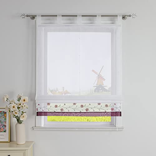 CORLIF Raffrollo mit Schlaufen Modern Raffgardine Küche Schlaufenrollo Leinenoptik mit Blumen Stickerei Transparente Rollo Landhaus Kurz Fenster Schal B/H 120/150 cm Violett von CORLIF