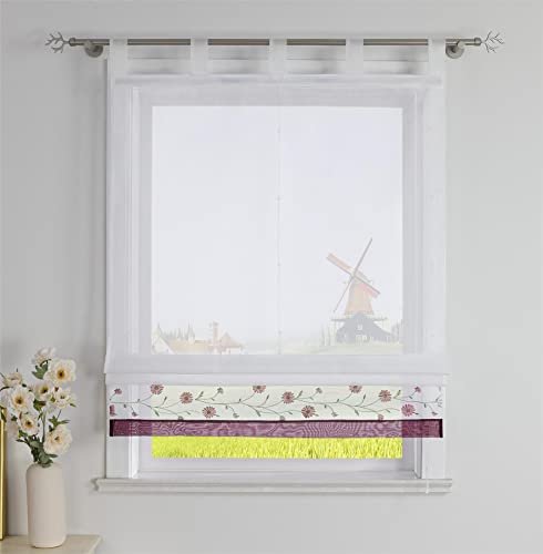 CORLIF Raffrollo mit Schlaufen Modern Raffgardine Küche Schlaufenrollo Leinenoptik mit Blumen Stickerei Transparente Rollo Landhaus Kurz Fenster Schal B/H 140/150 cm Violett von CORLIF