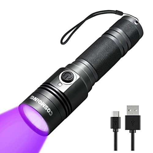 USB Aufladbar 395nm UV Taschenlampe Ultraviolett Schwarzlicht Haustierurin Detektor für UV Harz, Skorpion, Mineral, Bettwanze, Toilette mit Batterie von COSMOING