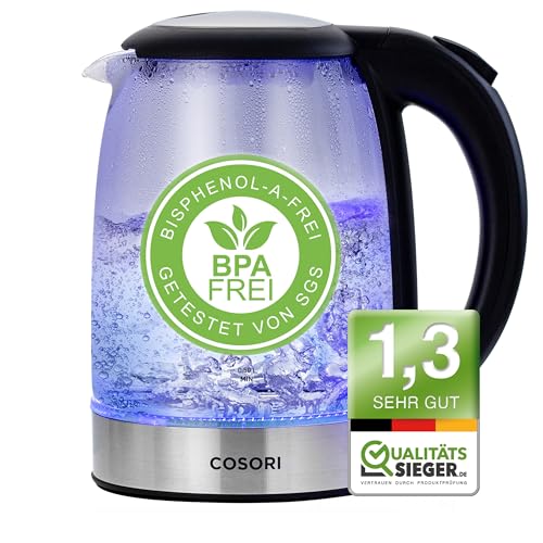 COSORI Wasserkocher Glas mit Upgrade Edelstahl Filter und Innendeckel, BPA Frei, 1,7 Liter, Kettle mit blau LED, Trockenaufschutz, 2200 Watt, Schnelles Aufheizen von COSORI