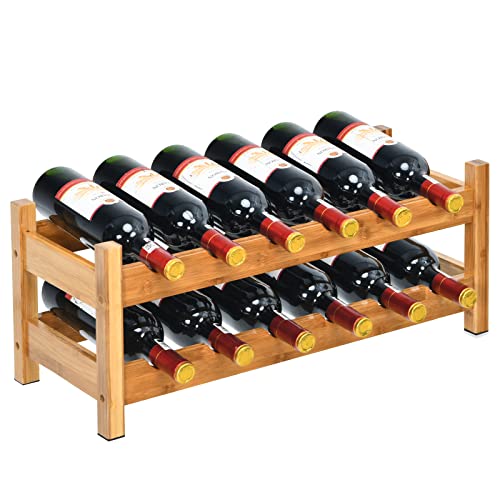 COSTWAY 2 Ebenen Weinregal Bambus, Flaschenständer Weinständer für 8/12 Flaschen, Flaschenregal Weinflaschenhalter Weinhalter für Küche, Speisekammer, Bar & Weinkeller (12 Flaschen, Natur) von COSTWAY