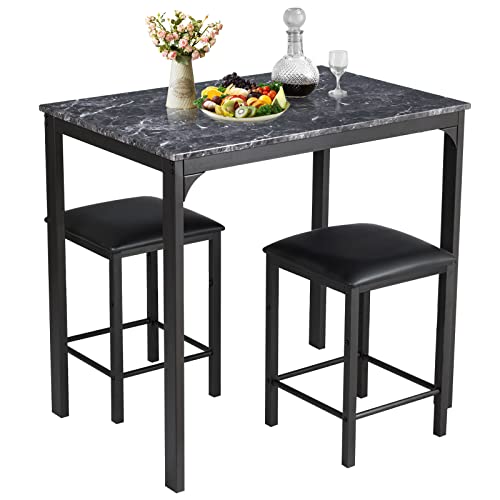 COSTWAY 3 teiliges Esstisch Set, Bartisch Set mit 2 Barhockern, Essgruppe mit gepolsterten Stühlen, Küchentisch Stehtisch mit Metallgestell für Esszimmer Wohnzimmer, 90 x 60 x 82 cm (Schwarz) von COSTWAY