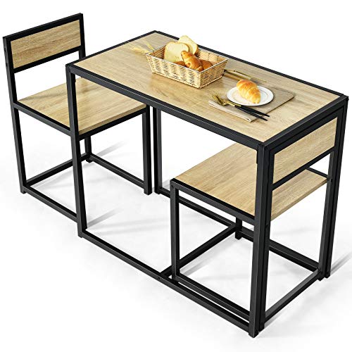 COSTWAY Bartisch Set 3-teilig, Esstisch mit 2 Stühlen, Kleine Essgruppe mit Metallgestell, Küchenbar Sitzgruppe, Küchentisch Stehtisch Holz, Bistrotisch für Küche, Esszimmer und Bistro (Natur) von COSTWAY