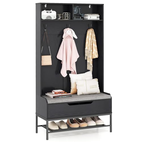 COSTWAY Garderobenständer mit Sitzbank, 4 in 1 Garderobe mit offenen Fächern, Schuhschrank & 3 Haken, Kleiderständer mit Sitzkissen, Flurgarderobe für Eingang, Wohnzimmer, 90 x 38,5 x 170 cm (Schwarz) COSTWAY Garderobenständer mit Sitzbank, 4 in 1 Garderobe mit offenen Fächern, Schuhschrank & 3 Haken, Kleiderständer mit Sitzkissen, Flurgarderobe für Eingang, Wohnzimmer, 90 x 38,5 x 170 cm (Schwarz) von COSTWAY