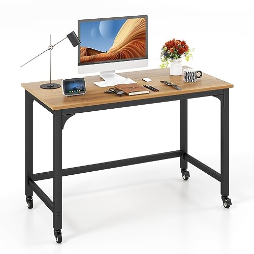 COSTWAY Schreibtisch mit Rollen, Computertisch mit Metallrahmen, Arbeitstisch mit 4 Rädern, Bürotisch rollbar, PC-Tisch, 120 x 60 x 76 cm, Natur von COSTWAY