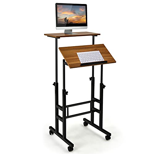 COSTWAY höhenverstellbarer Sitz-Steh Schreibtisch auf Rollen, Mobiler Stehschreibtisch mit 2-stufiger Computerarbeitsplatz, Laptoptisch Stehpult Stehtisch Workstation für Zuhause Büro (Braun) von COSTWAY