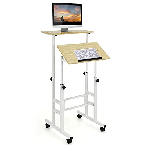 COSTWAY höhenverstellbarer Sitz-Steh Schreibtisch auf Rollen, Mobiler Stehschreibtisch mit 2-stufiger Computerarbeitsplatz, Laptoptisch Stehpult Stehtisch Workstation für Zuhause Büro (Natur) von COSTWAY