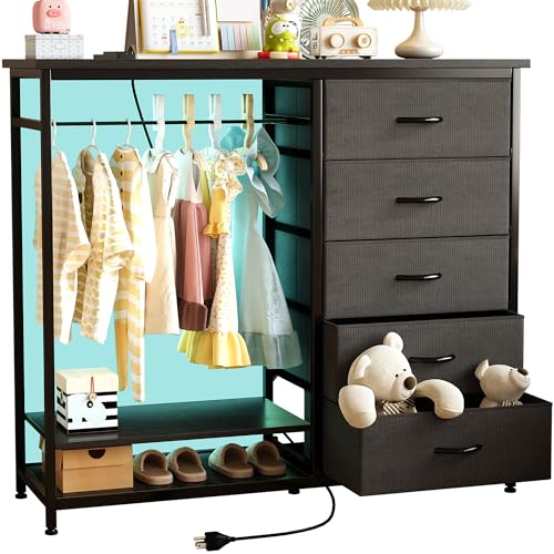 COTUBLR Kommode für Schlafzimmer mit Kleiderständer, 5 Schubladen, Kommode mit Ladestation & LED-Lichtern, Stoffkommode & Kommode mit PU-Finish, Aufbewahrungs-Organizer, für Wohnzimmerschrank, Schwarz COTUBLR Kommode für Schlafzimmer mit Kleiderständer, 5 Schubladen, Kommode mit Ladestation & LED-Lichtern, Stoffkommode & Kommode mit PU-Finish, Aufbewahrungs-Organizer, für Wohnzimmerschrank, Schwarz von COTUBLR